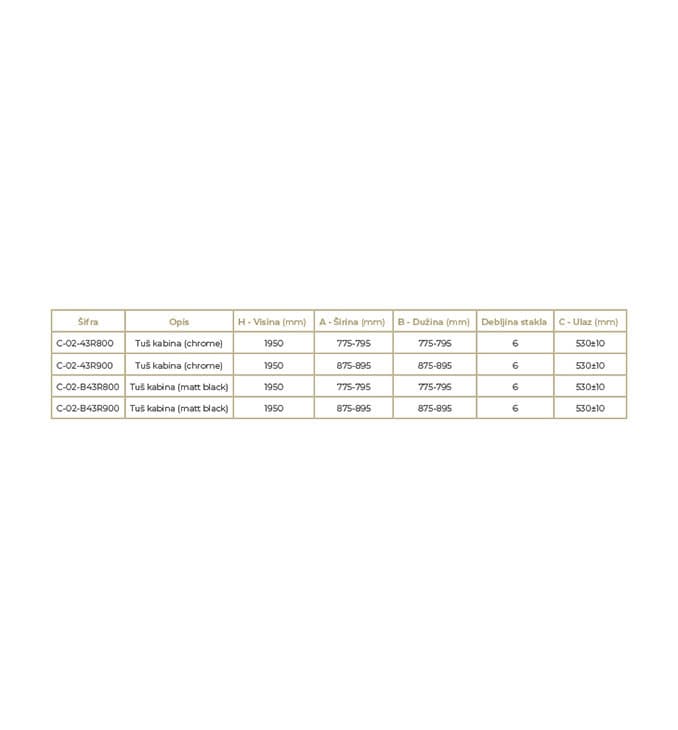 #C-02-43R800 Tuš kabina COPEN ATLAS PRO R800x1950 hrom. staklo 6mm providno 2