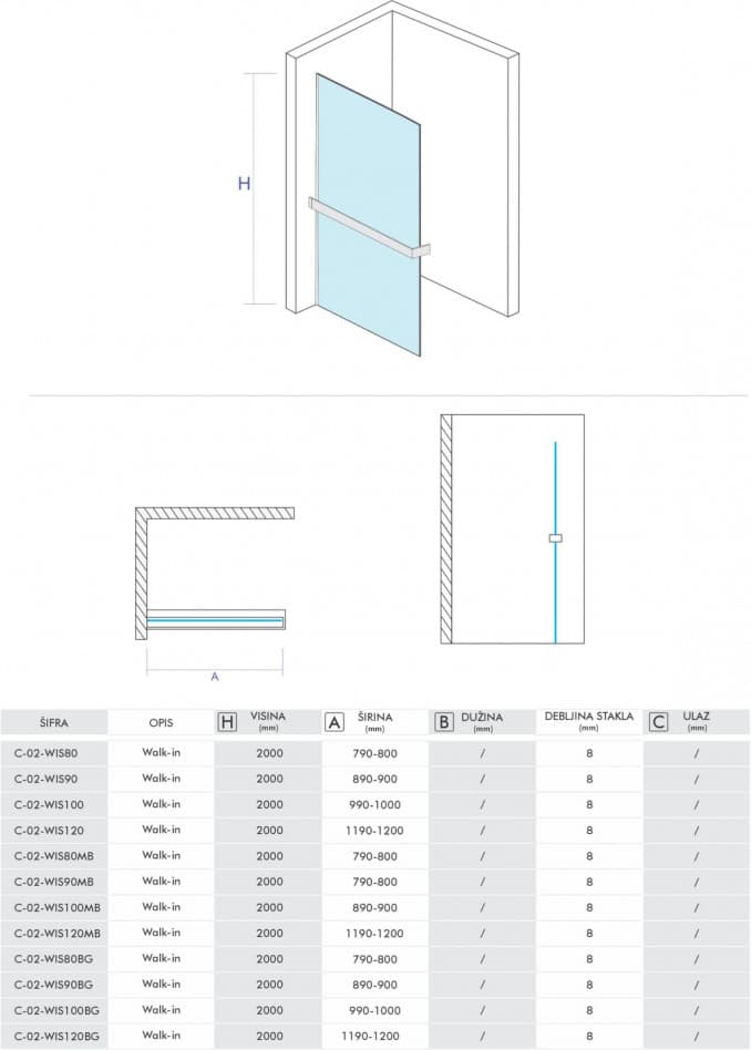 #C-02-WIS100 Walk-in COPEN MONTE SUPERIORE 1000x2000. 8mm staklo. polica i držač hrom 4