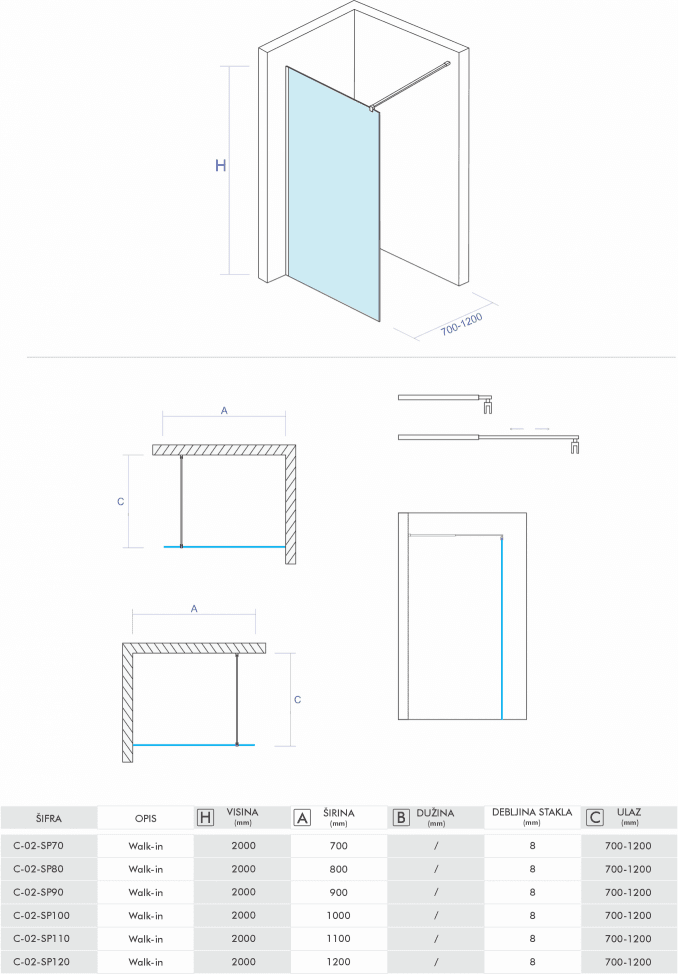 #RDC-SP90 Staklo za Walk-in COPEN PROJECT 900x2000 8mm 4