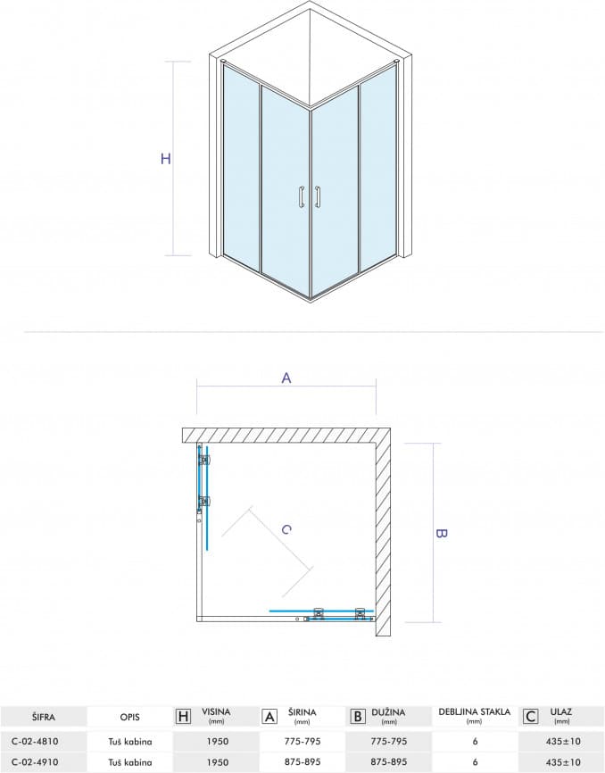 #C-02-4910 Tuš kabina COPEN ATLAS 90x90x195cm staklo 6mm providno 5