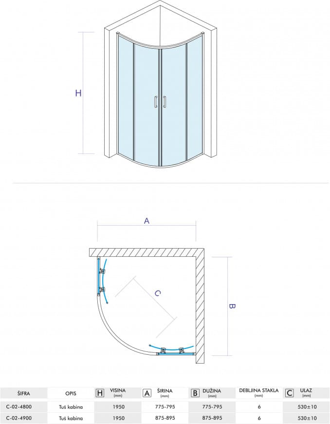 #C-02-4900 Tuš kabina COPEN ATLAS R90x195cm staklo 6mm providno 6